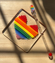 Load image into Gallery viewer, Coaster with matching stirrer with rainbow striped heart design
