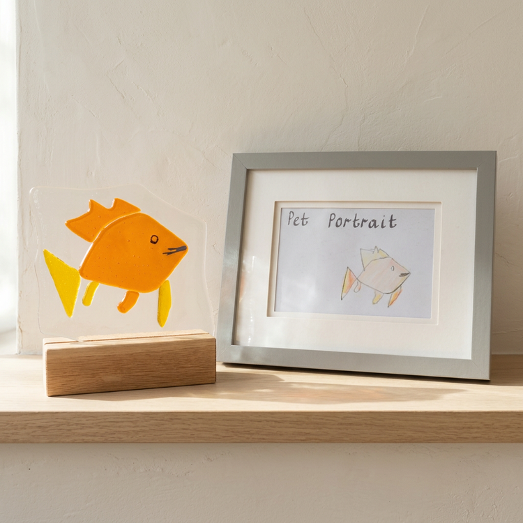 A fused glass goldfish beside the framed child's drawing it was made from