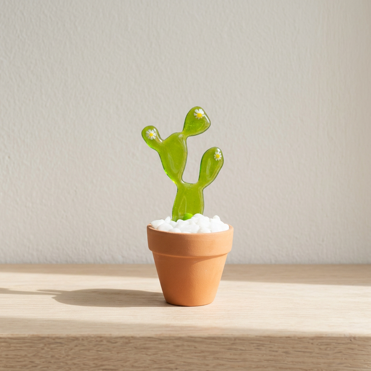 Bunny Ears fused glass cactus in a terracotta pot